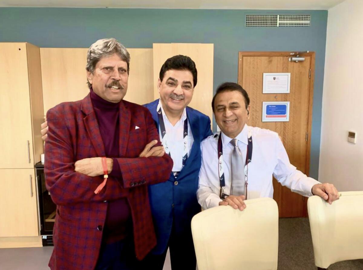 Ajay Sethi, Chairman of Channel 2 Group, with Indian cricket legends Kapil Dev and Sunil Gavaskar. — Supplied photo