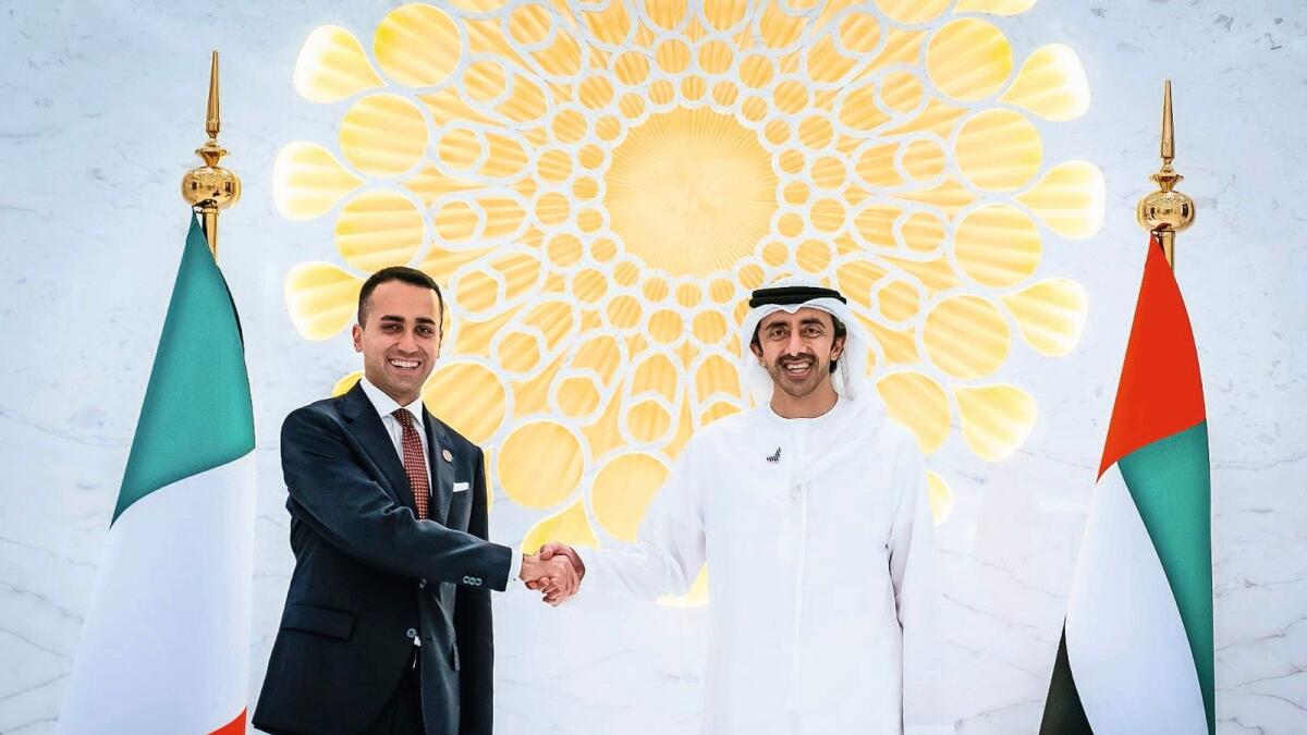 Sheikh Abdullah bin Zayed Al Nahyan, Minister of Foreign Affairs and International Cooperation, with Luigi De Maio, Italy Minister of Foreign Affairs, during Expo 2020 Dubai.
