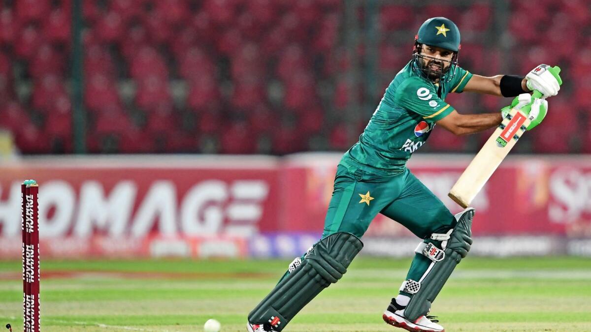 On song: Pakistan’s Mohammad Rizwan plays a shot against the West Indies on Monday. — AFP