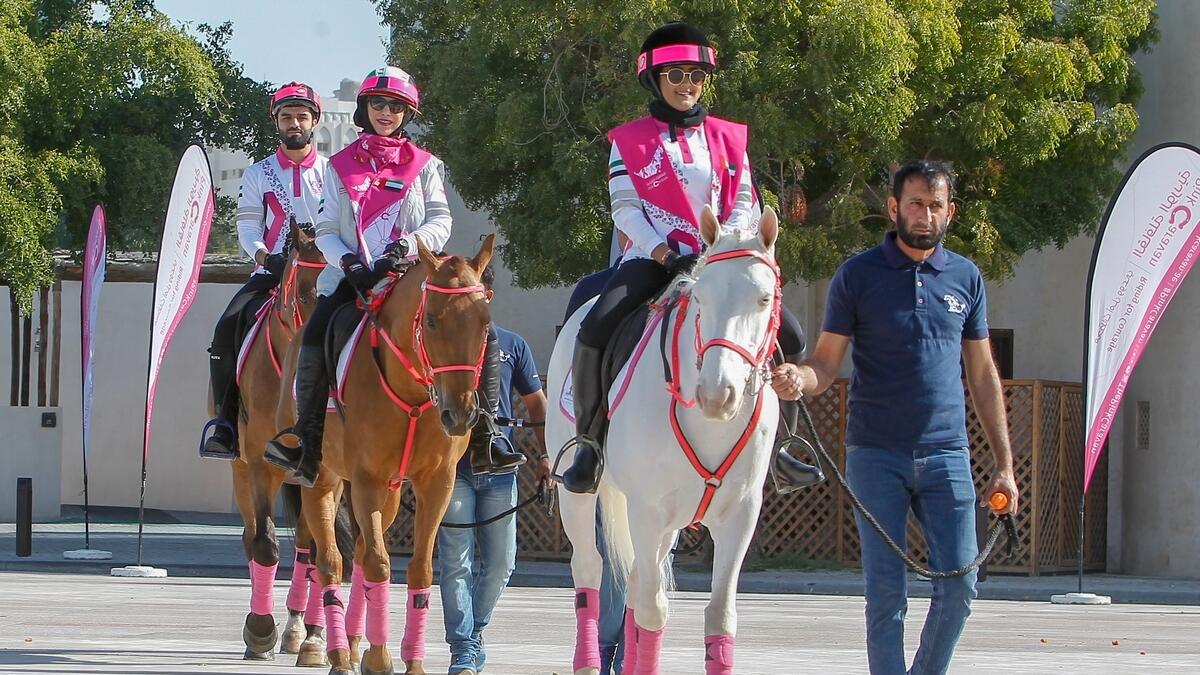 Pink Caravan ridders with their horses during the launch of Pink Caravan Ride 2019 at Al Bait Hotel in Sharjah.-Photo by M. Sajjad