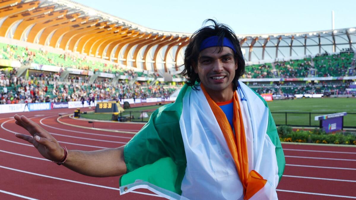 Silver medallist India's Neeraj Chopra celebrates after the men's javelin throw final. — Reuters