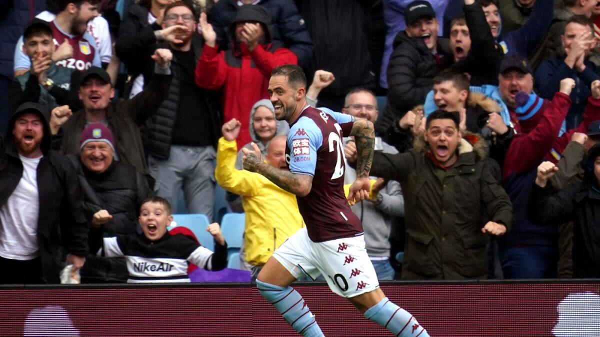 Aston Villa's Danny Ings celebrates his goal against Newcastle United during the English Premier League match.— AP