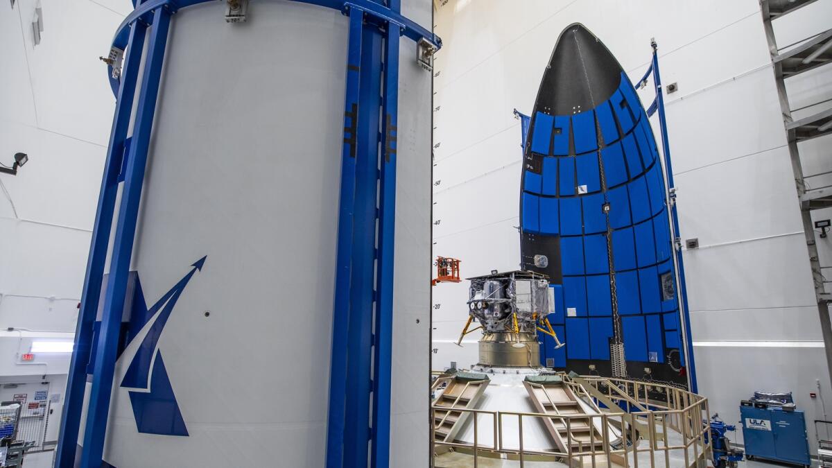 In this photo provided by United Launch Alliance, the Astrobotic Peregrine lunar lander is prepared for encapsulation in a payload fairing for launch atop a United Launch Alliance Vulcan rocket in Cape Canaveral. — AP
