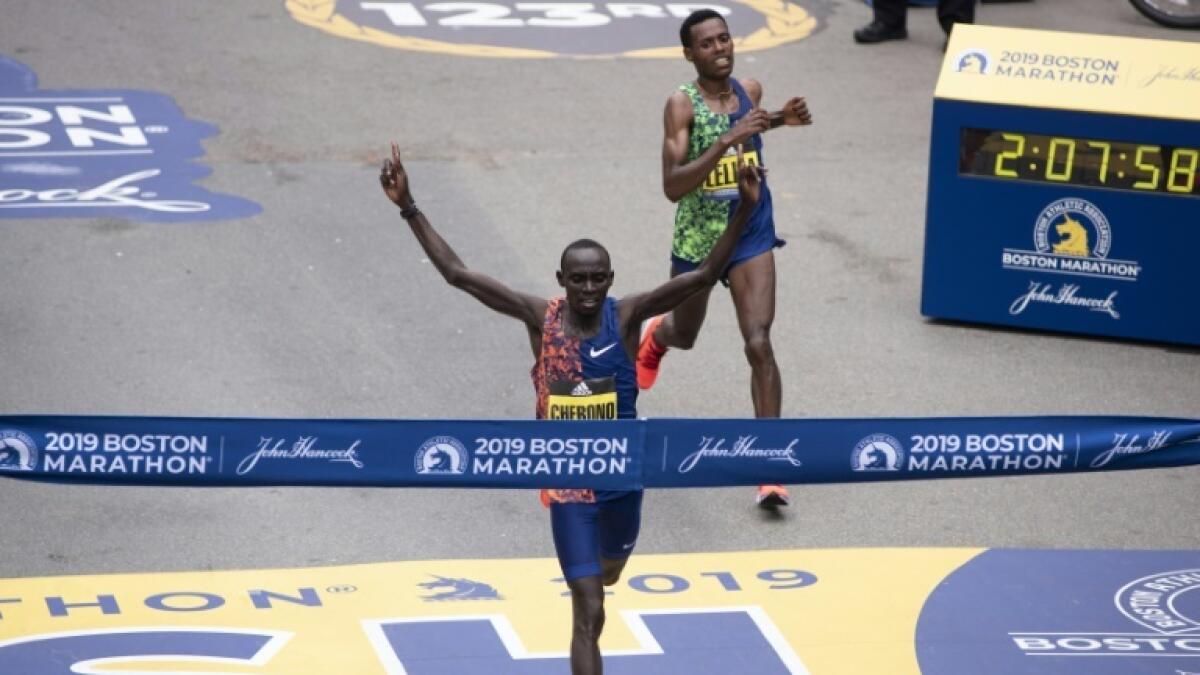Kenyan Lawrence Cherono edges Ethopian Lelisa Desisa for the 2019 Boston Marathon title. - AFP file