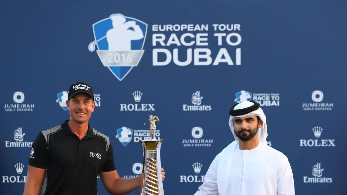 Sheikh Mansoor bin Mohammed bin Rashid Al Maktoum with Henrik Stenson, the winner of the 2016 Race to Dubai. (Supplied picture)