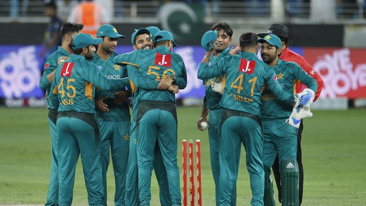 Team Pakistan celebrates after winning the third T20 match between New Zealand and Pakistan at Dubai International Cricket Stadium.– Photo by M. Sajjad