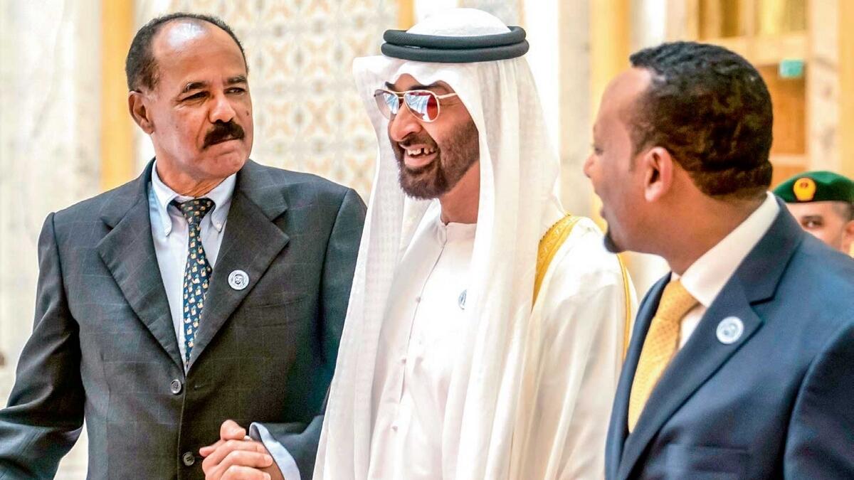 Sheikh Mohamed bin Zayed with Isaias Afwerki, President of Eritrea; and Dr Abiy Ahmed, Prime minister of Ethiopia, at the Presidential Palace in Abu Dhabi. 