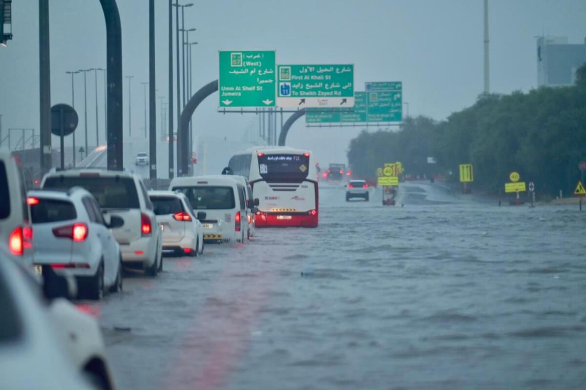 Waterlogging in Al Quoz as heavy rains hit Dubai on April 16, 2024. Photo: Rahul Gajjar
