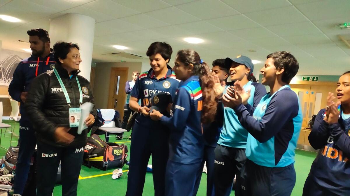 Shafali Verma is presented with Team India cap on her debut. — BCCI Twitter