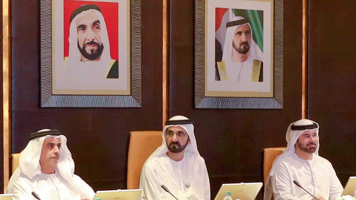 THINKING AHEAD: Sheikh Mohammed chairing the Cabinet meeting at the Presidential Palace in Abu Dhabi on Sunday. — Wam