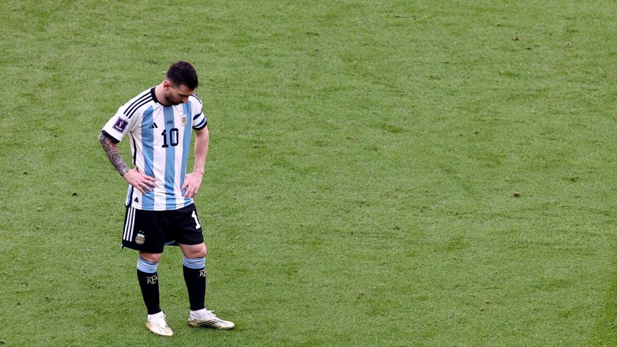 Argentina's Lionel Messi reacts after Saudi Arabia's Saleh Al-Shehri scores their first goal. Photo: Reuters