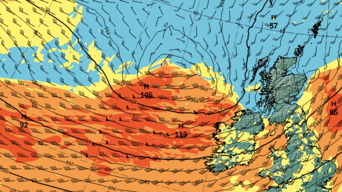 Ireland’s Met Eireann meteorological service warned Storm Ciara will produce very strong southwest winds with mean speeds of 65 to 80 kilometres per hour and gusts up to 130km/h.  It warned of 'a significant risk of coastal flooding especially along western and northwestern coasts'.(Image: The Irish Meteorological Service)