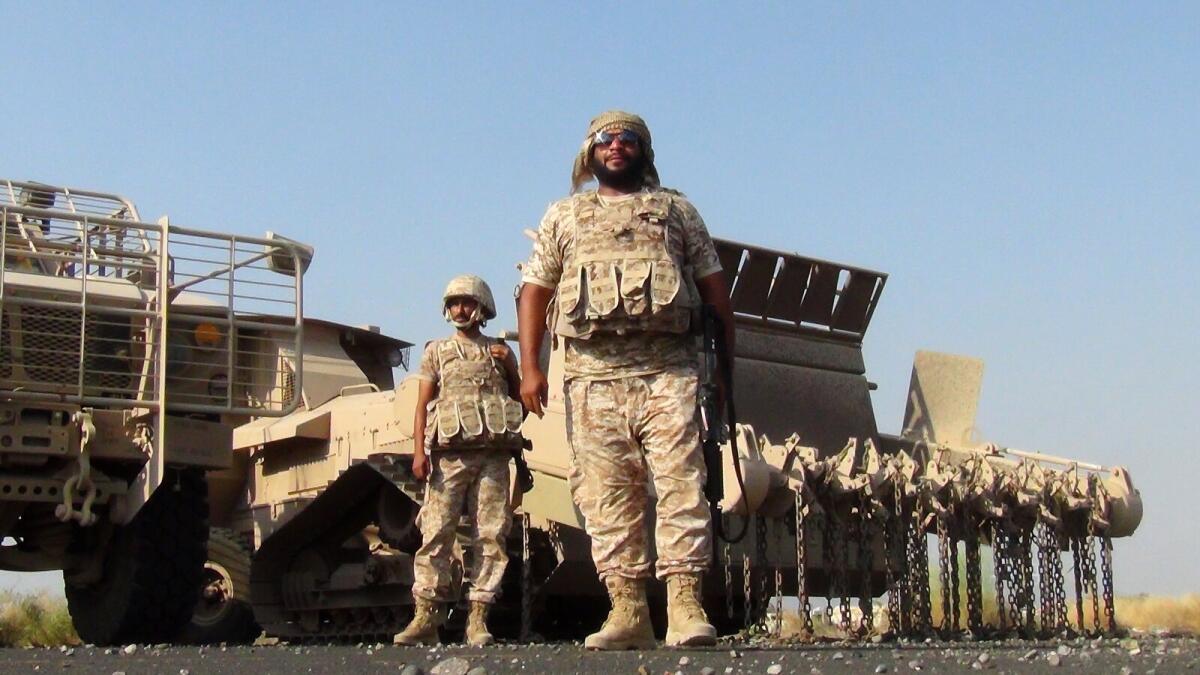 Emirati soldiers during rehabilitation and demining operations some 50 kilometres north of Aden.