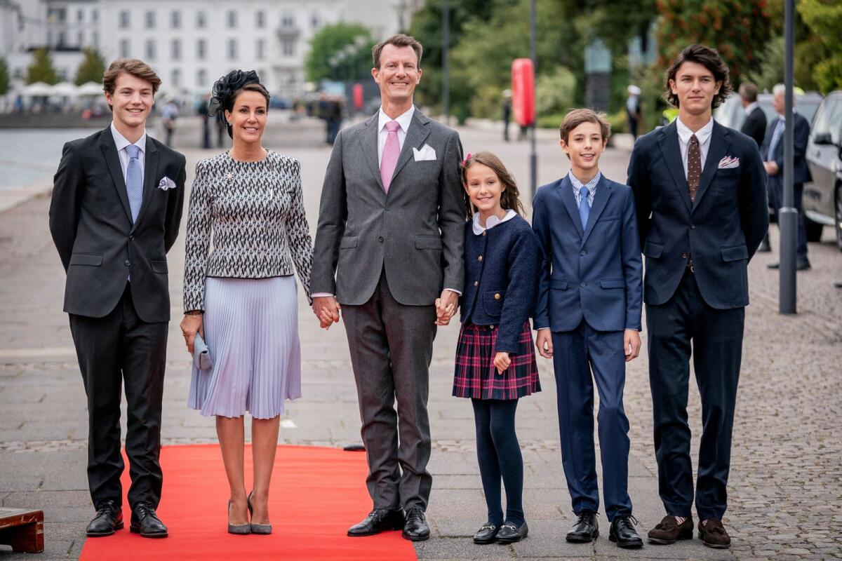 Denmark's Prince Felix, Princess Marie, Prince Joachim, Princess Athena, Prince Henrik and Prince Nikolai arrive to luncheon on the Royal Yacht Dannebrog in Copenhagen, Denmark September 11, 2022. Photo: AFP