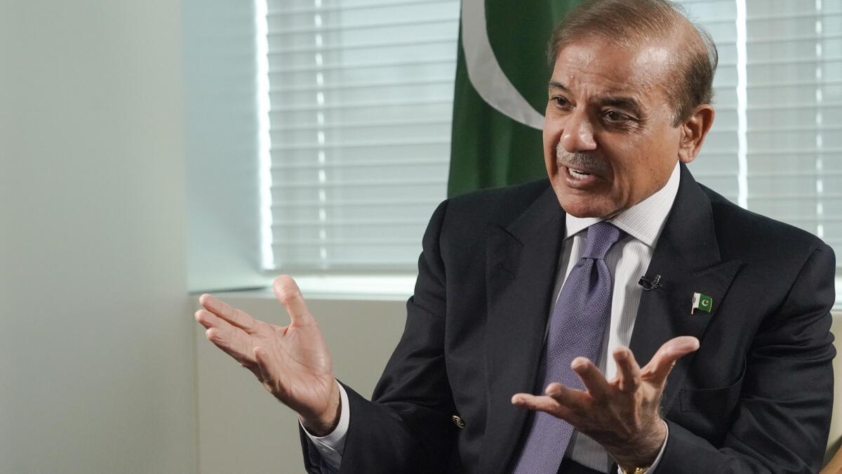 Prime Minister of Pakistan Shehbaz Sharif speaks during an interview on Thursday at United Nations headquarters. — AP