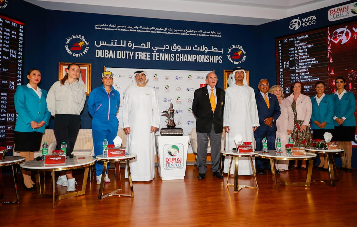Colm McLoughlin, Executive Vice Chairman and CEO of Dubai Duty Free; Salah Tahlak, Joint COO and Tournament Director of the Dubai Duty Free Tennis Championship, with other officials and tennis stars Sania Mirza and Paula Badosa at the draw ceremony. — Supplied photo
