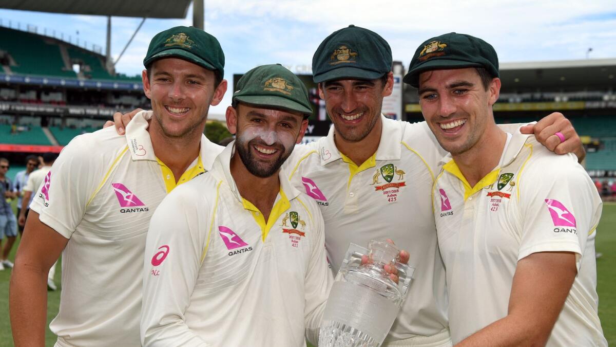 Australia's bowling attack of Josh Hazlewood (left), Nathan Lyon (second left), Mitchell Starc (second right) and Pat Cummins. (AFP file)