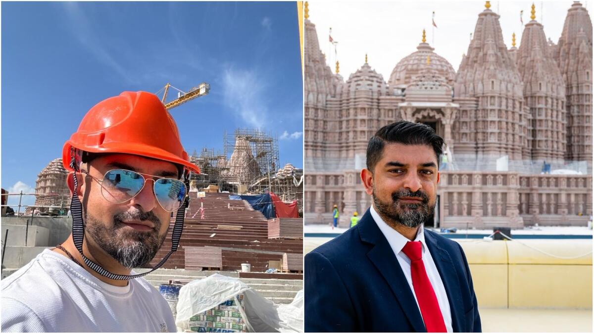 Vishal Patel standing against the backdrop of Abu Dhabi BAPS Hindu Mandir. Photos: Supplied
