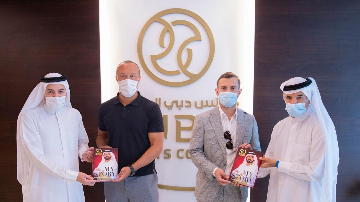 Former Manchester United star Mikael Silvestre and ex-Arsenal midfield ace Jack Wilshere receive a copy of Sheikh Mohammed’s ‘My Story’. (Supplied photo)