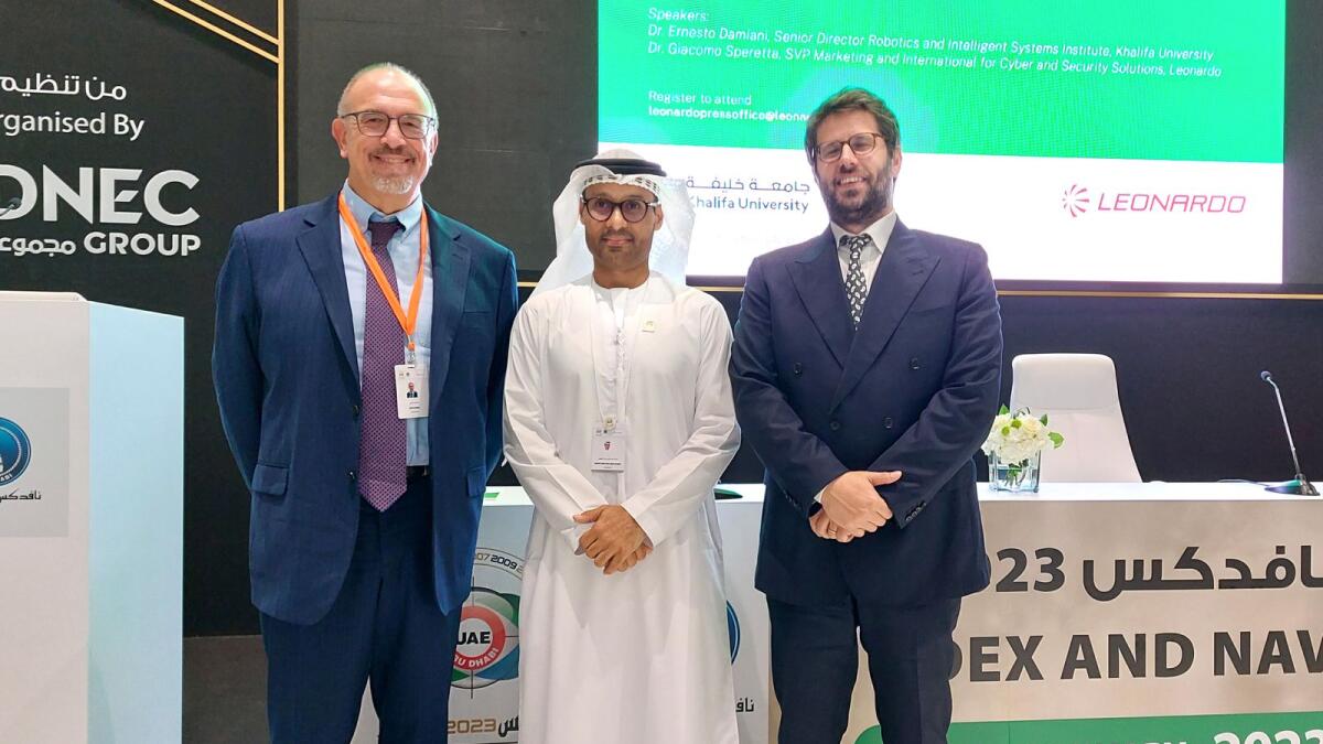 Dr Ernesto Damiani, senior director — robotics and intelligent systems Institute, Khalifa University, Dr Mohamed Hamad Al-Kuwaiti, head of the UAE Cybersecurity Council and Dr Giacomo Speretta, SVP marketing and international for cyber and security solutions, Leonardo