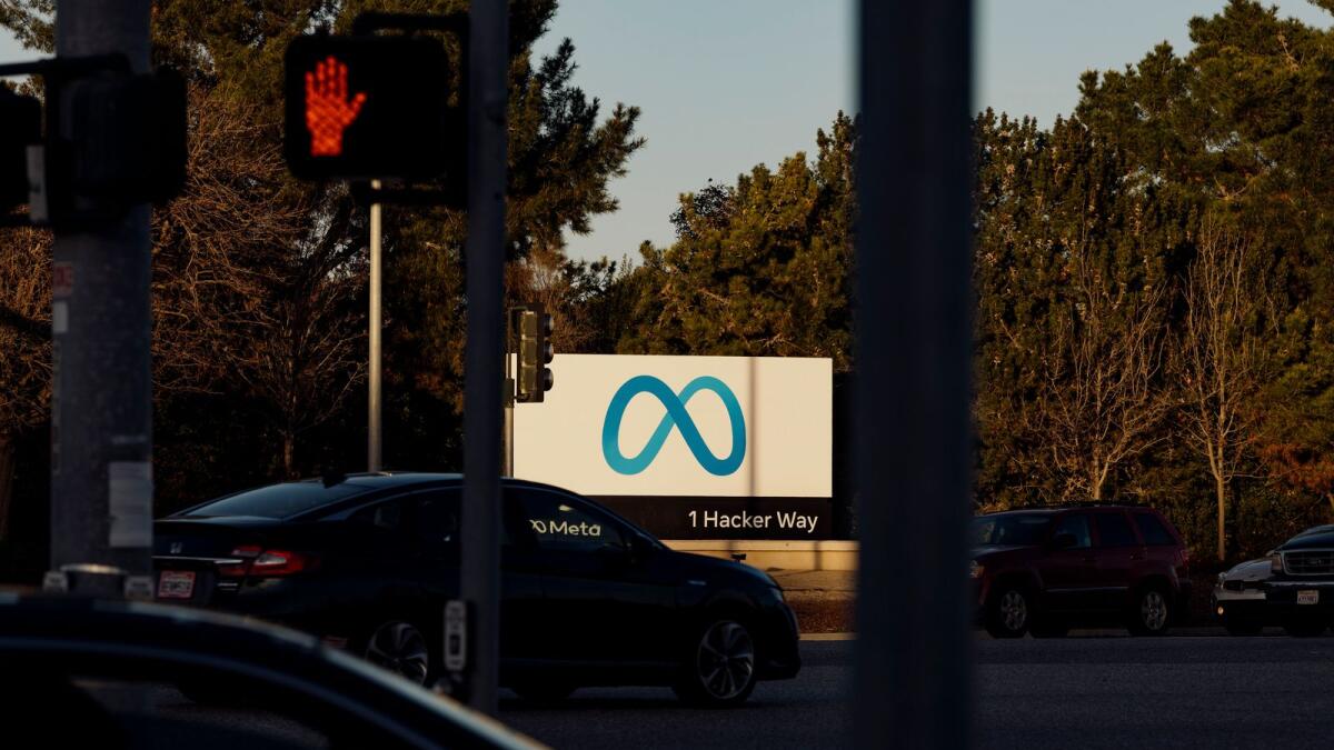 The entrance to the Meta campus in Menlo Park, California on Jan. 1, 2023. Meta laid off more than 11,000 workers, or 13 per cent of its work force, last month. (Aaron Wojack/The New York Times)