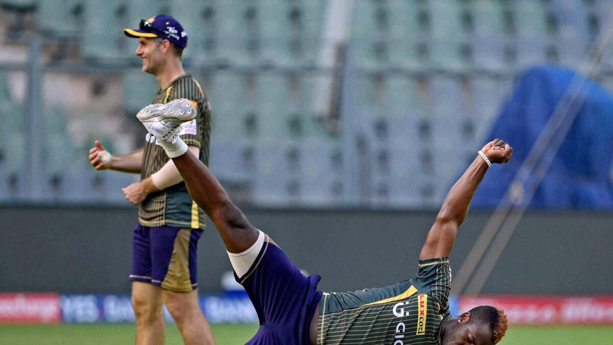 Kolkata’s Andre Russell during a practice session ahead of the match against Mumbai Indians in Mumbai on Wednesday. — PTI