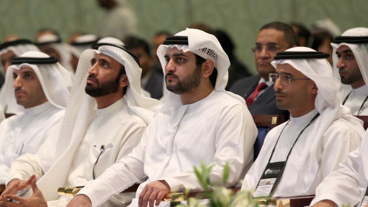Shaikh Maktoum bin Mohammed bin Rashid Al Maktoum, Deputy Ruler of Dubai, and senior officials at the Middle East Fraud Conference in Dubai on Sunday. 