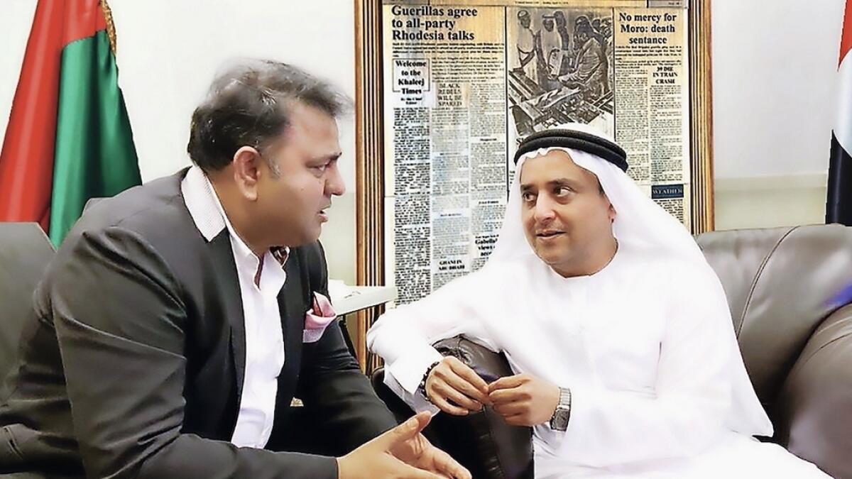 Suhail Galadari, Director of Galadari Brothers, with Fawad Chaudhry, Pakistan's Minister for Science and Technology