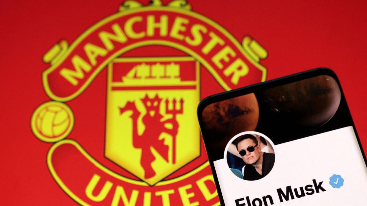 Elon Musk's twitter account and Manchester United logo are seen in this illustration taken, August 17, 2022. The club’s shares briefly jumped as much as 17 per cent in early US pre-market trade before settling around $13.20, about three per cent above Tuesday’s closing price. — Reuters