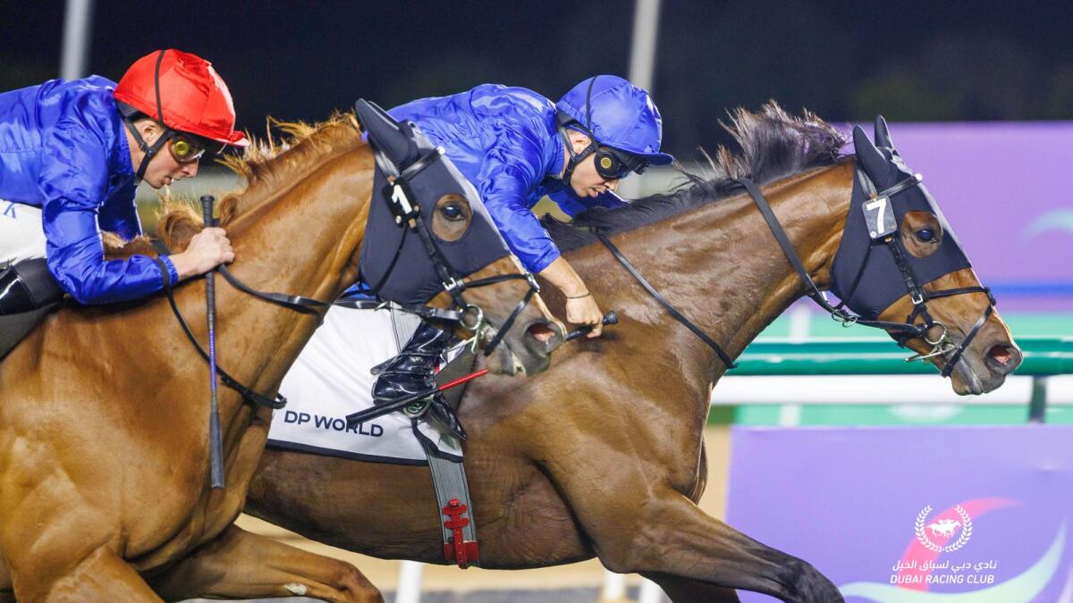 Mickael Barzalona and Silver Lady beat English Rose and William Buick in the G2 Cape Verdi at Meydan racecourse on Friday. - Photo by DRC