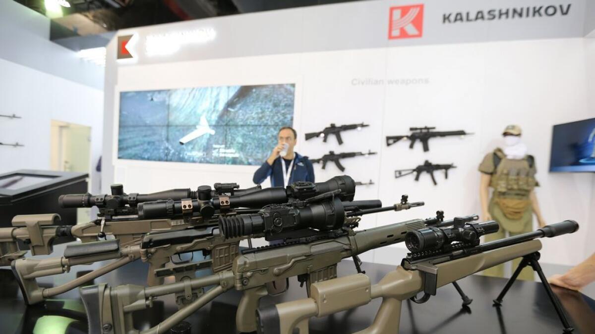  Sniper riffle display at Kalashnikov Group Pavilion on the 3rd day of International Defense Exhibition and Conference held at ADNEC Exhibition Center in Abu Dhabi. 