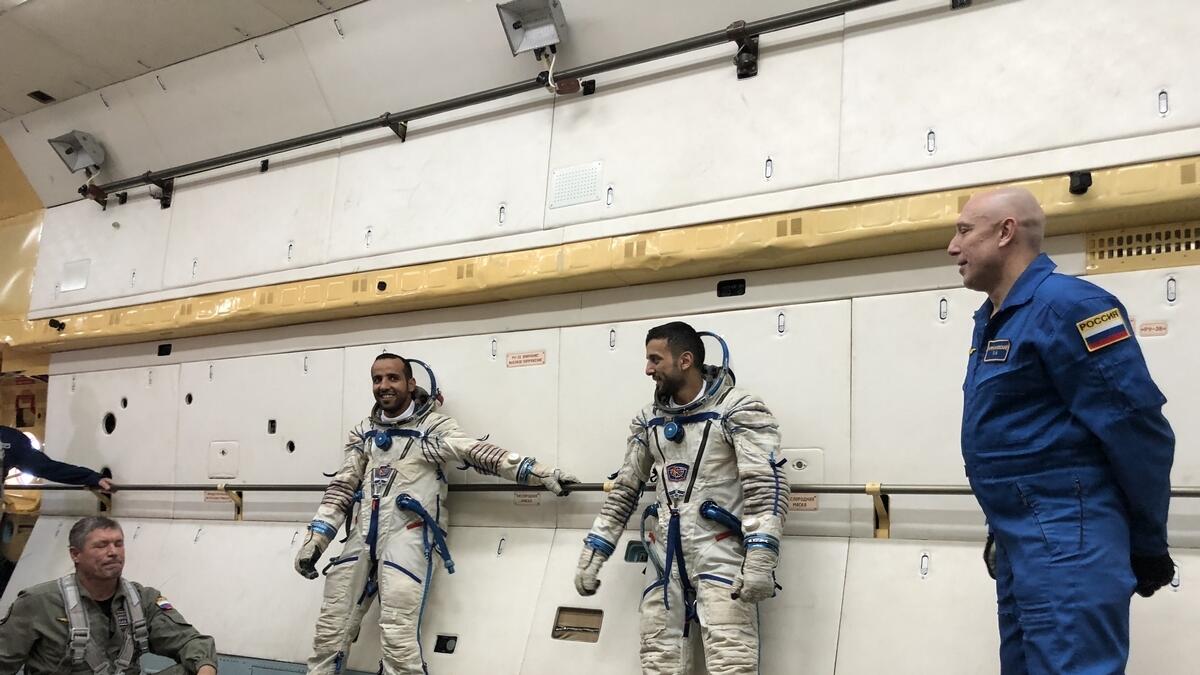Hazza Al Mansoori and Sultan Al Neyadi during the parabolic flight training at the Yuri Gagarin Cosmonaut Training Center in Russia.