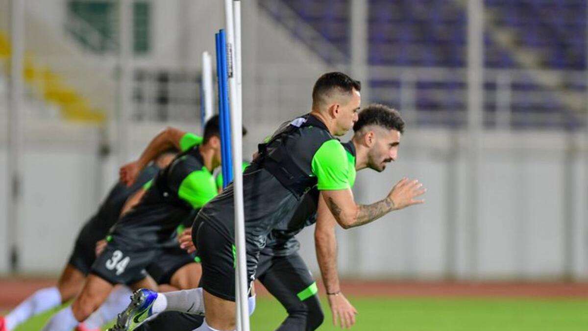 Al Ain FC players during a training session at the Khalifa bin Zayed Stadium in Al Ain on Thursday night. — Al Ain FC Twitter