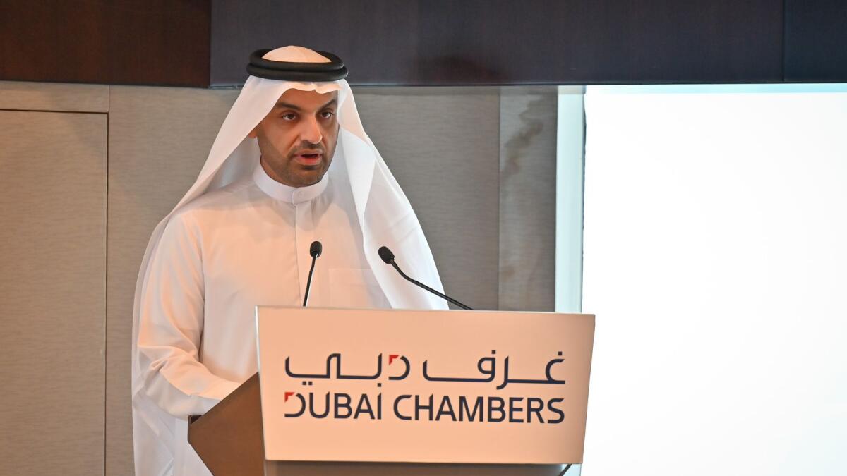 Mohammad Ali bin Rashed Lootah, President &amp; CEO, Dubai Chambers, giving inaugural and keynote speech during the India UAE-Partnership Summit held at Dubai Chambers on Tuesday. — Photo by M. Sajjad